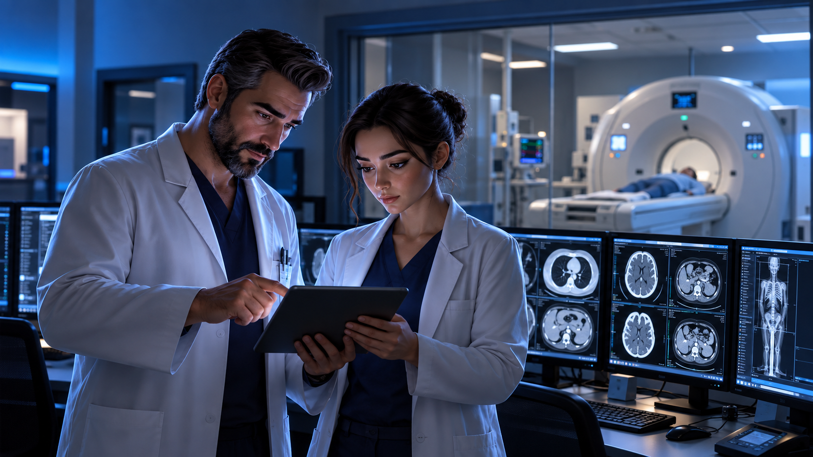 Dois profissionais de Radiologia revisando um caso em tablet em corredor hospitalar