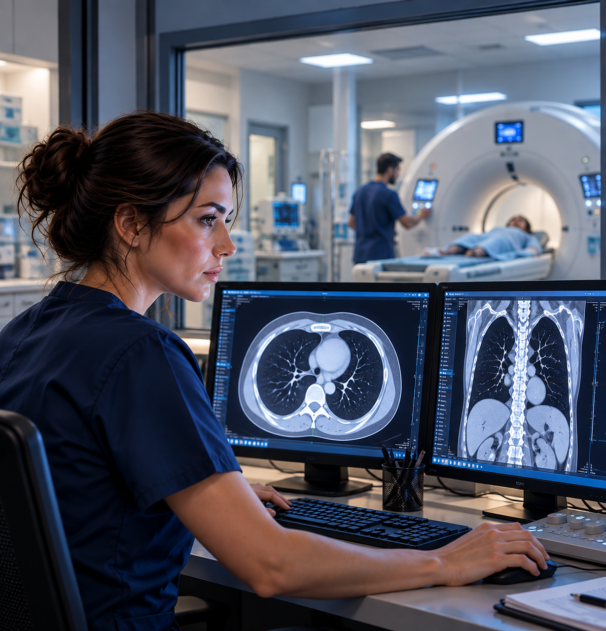 Profissional de Radiologia em sala de comando acompanhando exame de tomografia computadorizada
